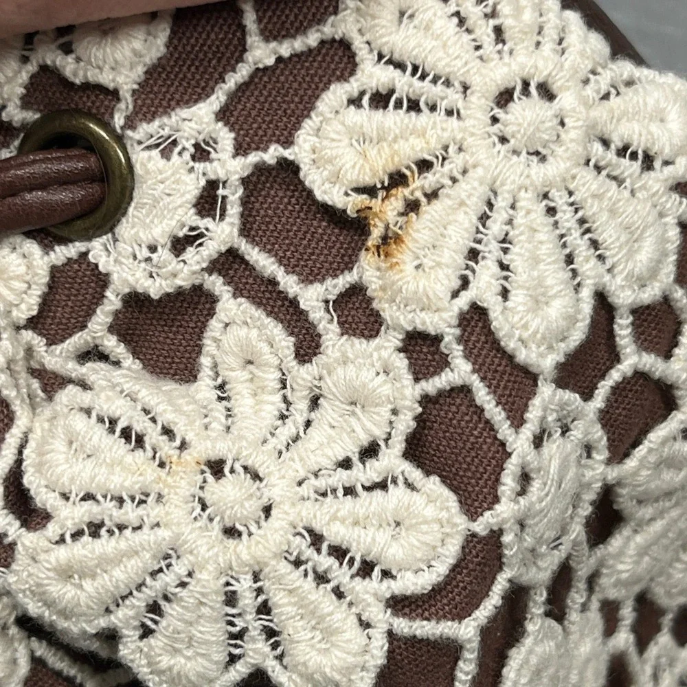 VTG Y2K Claire's Backpack Women Brown White Floral Crochet Boho Faux Leather Bag